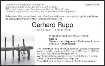 Traueranzeige von Gerhard Rupp von Haller Tagblatt