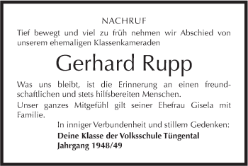 Traueranzeige von Gerhard Rupp von Haller Tagblatt