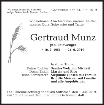 Traueranzeige von Gertraud Munz von Rundschau Gaildorf