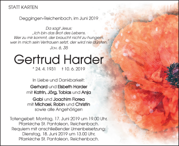 Traueranzeige von Gertrud Harder von Geislinger Zeitung