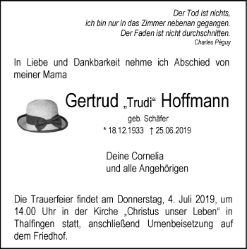 Traueranzeige von Gertrud  Hoffmann von SÜDWEST PRESSE Ausgabe Ulm/Neu-Ulm