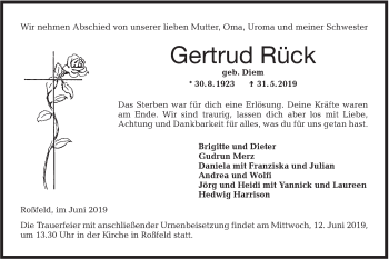 Traueranzeige von Gertrud Rück von Hohenloher Tagblatt