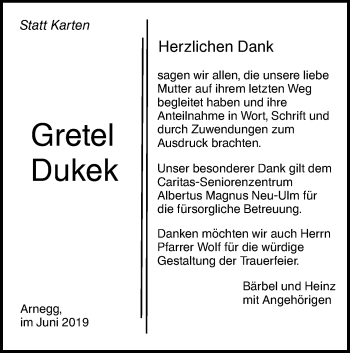 Traueranzeige von Gretel Dukek von SÜDWEST PRESSE Ausgabe Ulm/Neu-Ulm