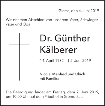 Traueranzeige von Günther Kälberer von Metzinger-Uracher Volksblatt