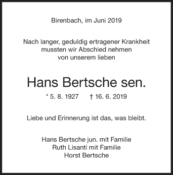 Traueranzeige von Hans Bertsche von NWZ Neue Württembergische Zeitung