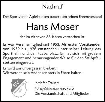 Traueranzeige von Hans Moser von Alb-Bote/Metzinger-Uracher Volksblatt