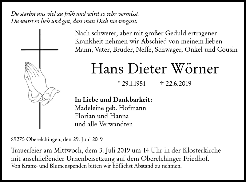  Traueranzeige für Hans Dieter Wörner vom 29.06.2019 aus SÜDWEST PRESSE Ausgabe Ulm/Neu-Ulm