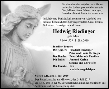 Traueranzeige von Hedwig Riedinger von Hohenzollerische Zeitung