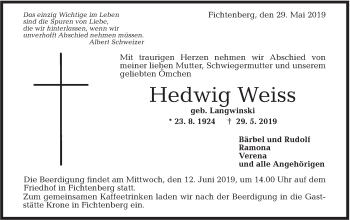 Traueranzeige von Hedwig Weiss von Rundschau Gaildorf