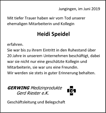 Traueranzeige von Heidi Speidel von Hohenzollerische Zeitung