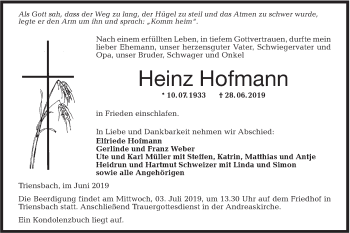 Traueranzeige von Heinz Hofmann von Hohenloher Tagblatt