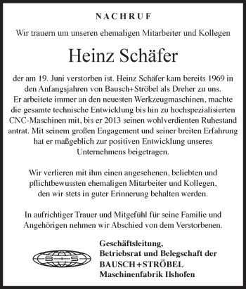 Traueranzeige von Heinz Schäfer von Hohenloher Tagblatt