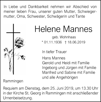 Traueranzeige von Helene Mannes von SÜDWEST PRESSE Ausgabe Ulm/Neu-Ulm