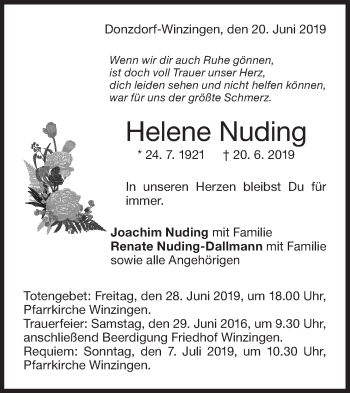 Traueranzeige von Helene Nuding von NWZ Neue Württembergische Zeitung