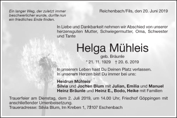 Traueranzeige von Helga Mühleis von NWZ Neue Württembergische Zeitung