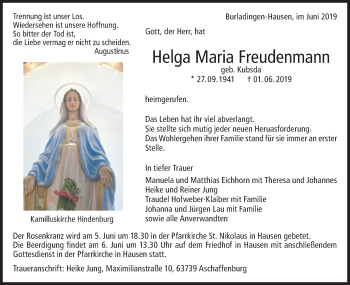 Traueranzeige von Helga Maria Freudenmann von Hohenzollerische Zeitung