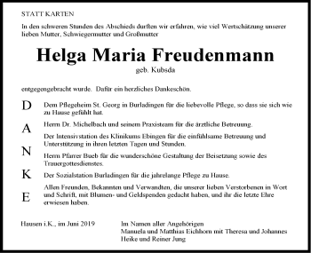 Traueranzeige von Helga Maria Freudenmann von Hohenzollerische Zeitung