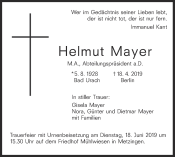 Traueranzeige von Helmut Mayer von Metzinger-Uracher Volksblatt