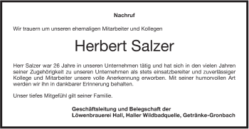 Traueranzeige von Herbert Salzer von Haller Tagblatt