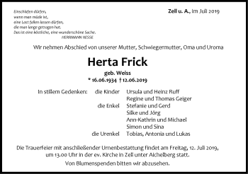 Traueranzeige von Herta Frick von NWZ Neue Württembergische Zeitung