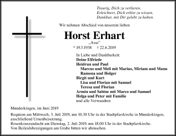 Traueranzeige von Horst Erhart von Ehinger Tagblatt