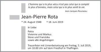 Traueranzeige von Jean-Pierre Rota von SÜDWEST PRESSE Ausgabe Ulm/Neu-Ulm