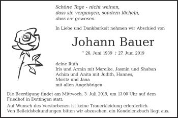 Traueranzeige von Johann Bauer von Alb-Bote/Metzinger-Uracher Volksblatt