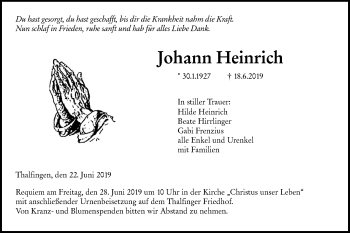 Traueranzeige von Johann Heinrich von SÜDWEST PRESSE Ausgabe Ulm/Neu-Ulm