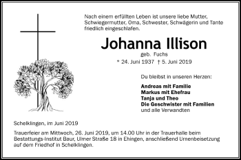 Traueranzeige von Johanna Illison von Ehinger Tagblatt