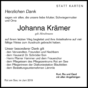 Traueranzeige von Johanna Krämer von Hohenloher Tagblatt