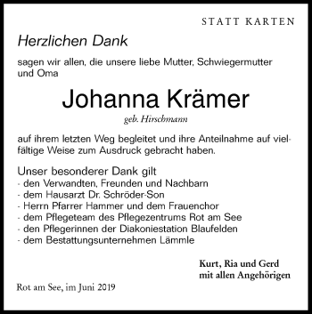 Traueranzeige von Johanna Krämer von Hohenzollerische Zeitung