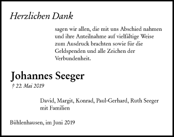 Traueranzeige von Johannes Seeger von SÜDWEST PRESSE