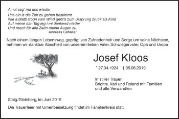 Traueranzeige von Josef Kloos von SÜDWEST PRESSE Ausgabe Ulm/Neu-Ulm