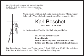 Traueranzeige von Karl Boschet von Hohenloher Tagblatt