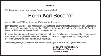 Traueranzeige von Karl Boschet von Hohenloher Tagblatt