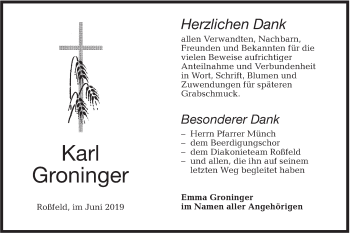 Traueranzeige von Karl Groninger von Hohenloher Tagblatt