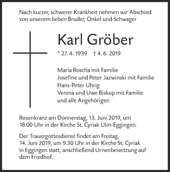 Traueranzeige von Karl Gröber von SÜDWEST PRESSE Ausgabe Ulm/Neu-Ulm