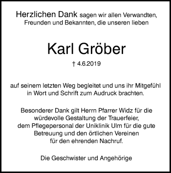 Traueranzeige von Karl Gröber von SÜDWEST PRESSE Ausgabe Ulm/Neu-Ulm