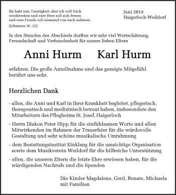 Traueranzeige von Karl Hurm von Hohenzollerische Zeitung