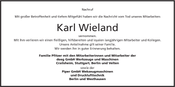 Traueranzeige von Karl Wieland von Hohenloher Tagblatt