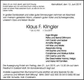 Traueranzeige von Klaus  Klingler von Haller Tagblatt