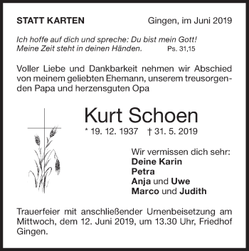 Traueranzeige von Kurt Schoen von Hohenzollerische Zeitung