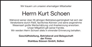 Traueranzeige von Kurt Schoen von NWZ Neue Württembergische Zeitung/Geislinger Zeitung