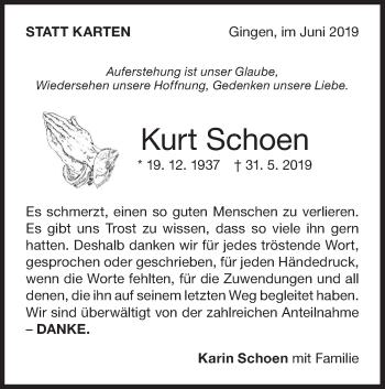 Traueranzeige von Kurt Schoen von NWZ Neue Württembergische Zeitung/Geislinger Zeitung