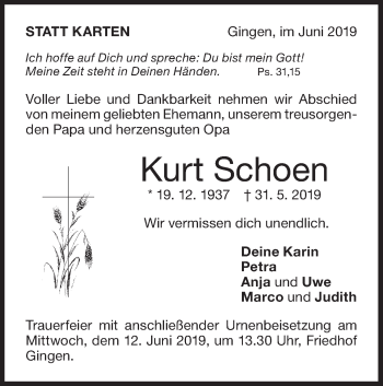 Traueranzeige von Kurt Schoen von NWZ Neue Württembergische Zeitung/Geislinger Zeitung