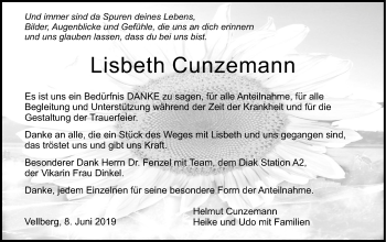 Traueranzeige von Lisbeth Cunzemann von Haller Tagblatt