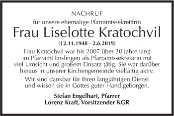 Traueranzeige von Liselotte Kratochvil von Haller Tagblatt