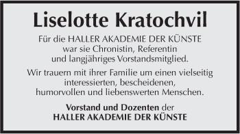 Traueranzeige von Liselotte Kratochvil von Haller Tagblatt