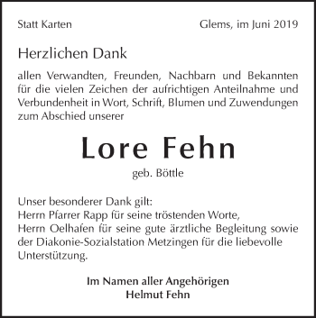 Traueranzeige von Lore Fehn von Metzinger-Uracher Volksblatt