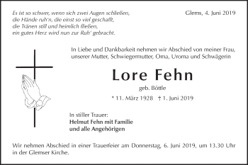 Traueranzeige von Lore Fehn von Metzinger-Uracher Volksblatt